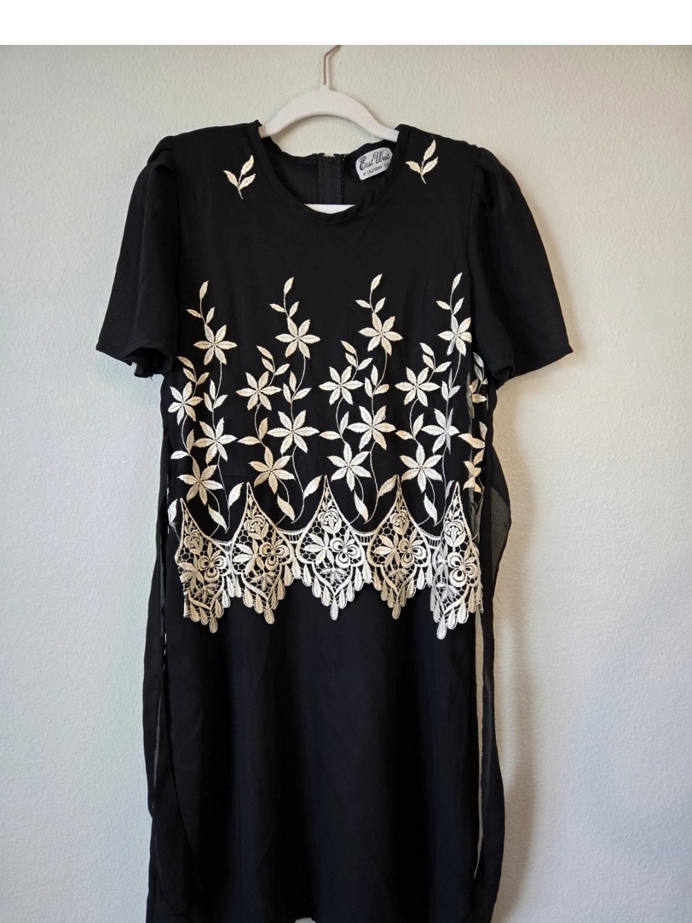 Vintage Black Midi Dress with Cream Floral Embroidery